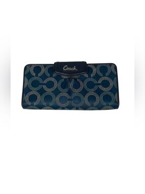 Coach Ashley Dotted Op Art Signature Wallet Sateen Navy Blue Leather Trim